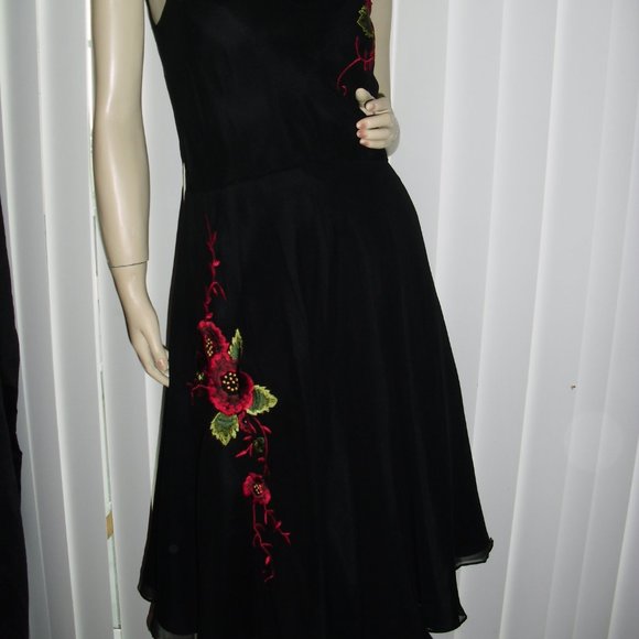 Lapis,black cocktail,party,pure 100% silk,cowl neck,red embroidery,floral,Unique - Picture 2 of 9